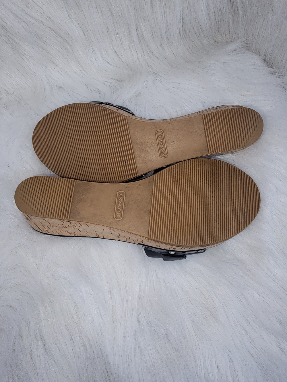NWOT Coach Slip On Black Patent Leather Cork Wedge Sandals Size 7 - Picture 5 of 10